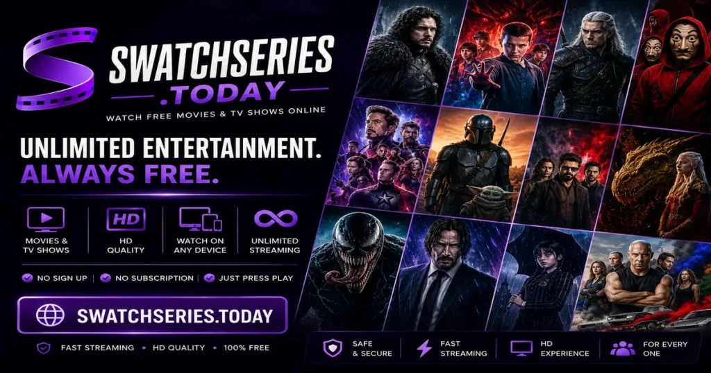 SwatchSeries.today featured image promoting free movies and TV shows online with a purple cinematic streaming design.